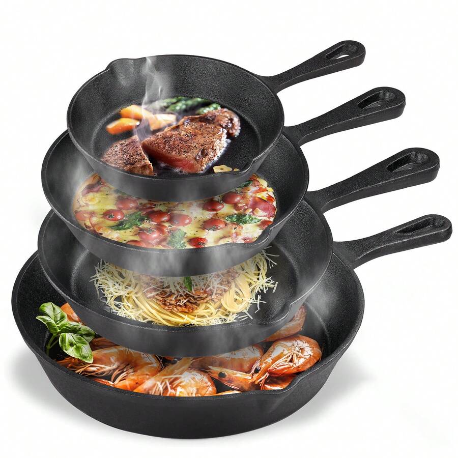 Senmeo 4-Piece Cast Iron Skillet Set - Pre-Seasoned Chef Grade (10"/8"/6"/5"), Heavy-Duty Restaurant Quality, Oven-Suitable For Searing, Baking, Frying & Camping - 黑色 - 查看 1