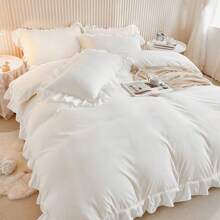 3 Pieces Double King White Ruffle Bedding Sets With 2 Pillowcase, Frills Soft Microfiber Duvet Cover For Teens And Adults,  Mother's Day Gift For Grandma, Zipper Closure, All Season