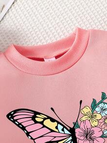 Tween Girl Cartoon Butterfly Print Crew Neck Sweatshirt And Sweatpants Set