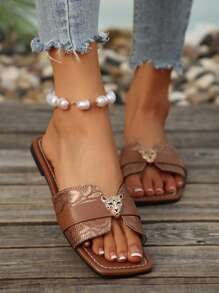 Women's Metallic Leopard Print PU Slip On Outdoor Sandals, Backless Simple Casual Holiday Street Party Beach Flat Shoes, Summer