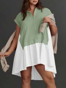 Womens Summer Sweatshirt Dresses Short Sleeve V Neck Casual Oversized Patchwork Mini Dress - màu xanh lá - Xem 4