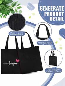 1pc Custom Name Canvas Tote Bag - Personalized School Bag With Heart Design, Ideal For Bridesmaid, Girlfriend, Or Mom Gift, Black With White Script Name "Harper, All-Purpose, Large Capacity, Versatile, Multifunction, Cute, Adorable, Contracted, Funny, Kawaii, Y2K, Minimalist, Commuting, Business Casual, Basics, Custom, Personalized, Customized, Ideal Gifts For Her, Her, Family, Friends, Girlfriend, For Anniversaries, For Birthdays, For Holiday/ Vacation, For Outdoors/Outings/Travel/Hiking/Stadium/Sports/Climbing, For Business/Commute/Work/Office, Customized Women Bags