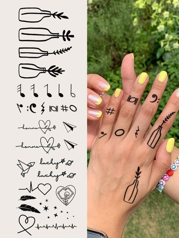 2pcs Minimal Heart Feather & Music Note Floral Temporary Tattoos, Unisex Daily, Party, Holiday Gift, Body Decoration For Fingers, Wrists, Ears, Shoulders, Collarbones
