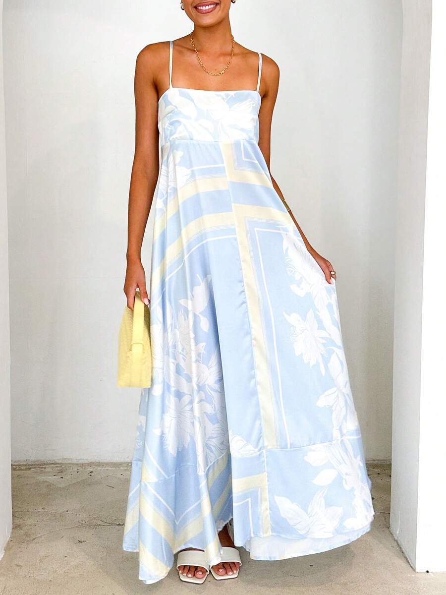 Women Y2K Maxi Dress Smocked Spaghetti Strap Sleeveless Long Flowy Dress Boho Backless Aline Long Dress Summer Casual Beach Sun Dress - 淺藍色 - 查看 1