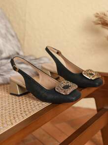 1 Pair Low Heel Sandals, Vintage Square Toe Thick Heel Embroidered Slip-On Women Shoes