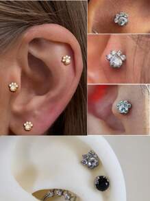Aretes de titanio ASTM F136 con circonitas engastadas en forma de pata de gato, animal o perro, con rosca interna de 1,2 mm (calibre 16), para piercing de caracola, hélix, cartílago, lóbulo, trago y daith.