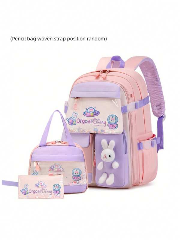 3 PiecesSet: Fashionable Rabbit Print School Backpack Suit - Zipper Closure Design, Fridge-Style Opening, Side Pockets For Water Bottle, Waterproof Polyester Material, Suitable For Work, School, Daily Use. Great Gift For Back To School Season