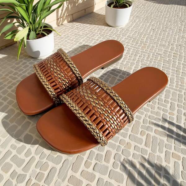 Sandalias planas de mujer de verano, de estilo bohemio, con suela gruesa para la playa, tejido de ganchillo para la playa, la oficina y el aire libre, cómodas, transpirables, con diseño calado, básicas, de lujo, en color dorado, en patchwork