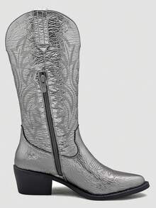 GLOBALWIN Women's Mid Calf Western Cowboy Boots Cowgirl Boots For Women With Floral Embroidery Side Zipper Chunky Heel Fall Boots Halloween Season - 暗銀 - 查看 6