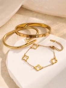 1 Set Stainless Steel European & American Fashion Minimalist Versatile Elegant Creative Hollow Flower Bracelet 3-Piece Set, Suitable As Gift For Women, Everyday Wear