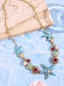 1pc Fashionable, Exquisite, Lively, Creative, Cute, Unique, Shiny Niche Bohemian Style Blue Starfish & Shell Necklace, For Women, Suitable For Summer Beach, Vacation, Daily, Party, Holiday