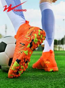 STARNOVO Authentic Dual Star Football Shoes, Unisex Fashion High-Top Sports Soccer Shoes, Camouflage Rubber Sole, Stylish Elastic Knit Collar High-Top Design, Vibrant Color Combinations, Suitable For Middle/Primary School Students' Football Training, Matches, And Daily Commute