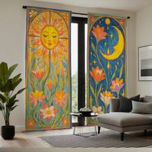 2pcs Bohemian Sun And Moon Floral Print Curtains - Olive Green Sheer Polyester With Rod Pocket, Suitable For Bedroom, Living Room, Kitchen, Study Room, 4 Seasons Romantic Home Decor - Multicolor - View 6