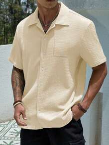 Men's Textured Jacquard Short Sleeve Shirt, Breathable Quick-Dry Casual Beach Casual Shirt Suitable For Daily Wear