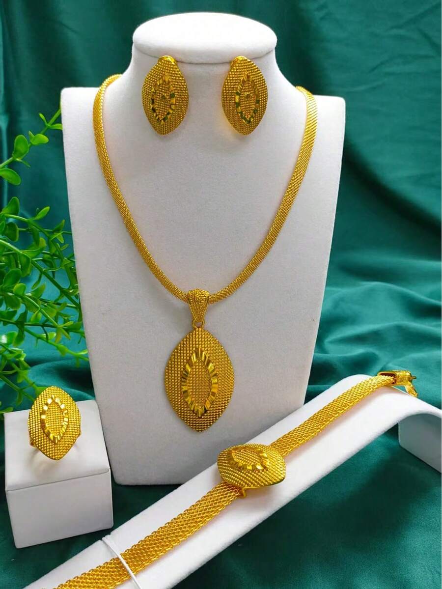 Juego de joyería de 4 piezas con forma de gota de agua para mujeres: collar, aretes, pulsera, anillo. Adecuado para novias en Arabia Saudita, Dubái, Europa y América, fiestas de boda, citas, vestidos formales, Día de la Madre, San Valentín, regalos festivos, uso diario, mamá, Día de la Madre, regalo