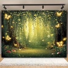 Telón de fondo de cuento de hadas con bosque mágico verde, árboles, camino de ladrillos amarillos, escenario mágico de princesa para fotografía, decoración para fiesta - Multicolor - Ver 4