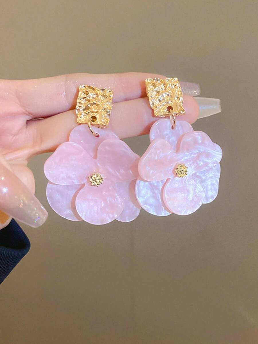 1 对金属亚克力花朵设计耳钉，复古优雅高端女士珠宝配饰 - 淺粉色 - 查看 1