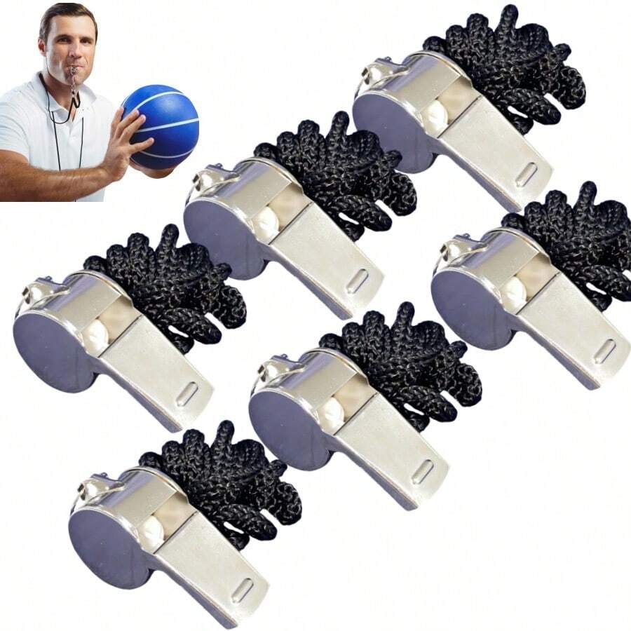 6pcs Stainless Steel Whistles With Lanyards, Loud & Clear Sound, Ideal For Coaches, Referees & Officials - Silver - View 1