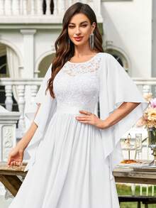 MIUSOL Đầm maxi dự tiệc trang trọng, thanh lịch, chất liệu chiffon, đính sequin và ren hoa, tay áo cánh bướm, thích hợp cho ngày Valentine, đám cưới, màu trắng mùa xuân. - trắng - Xem 3