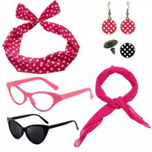 D EXCEED 6PCS Vintage 1950s Women's Accessory Collection | Retro-Inspired Prop Cat-Eye Glasses, Scarf Collar Headbands & Silk Hair Scarves With Polka Dot Stud Earrings - Perfect For Vintage-Themed Parties & Events