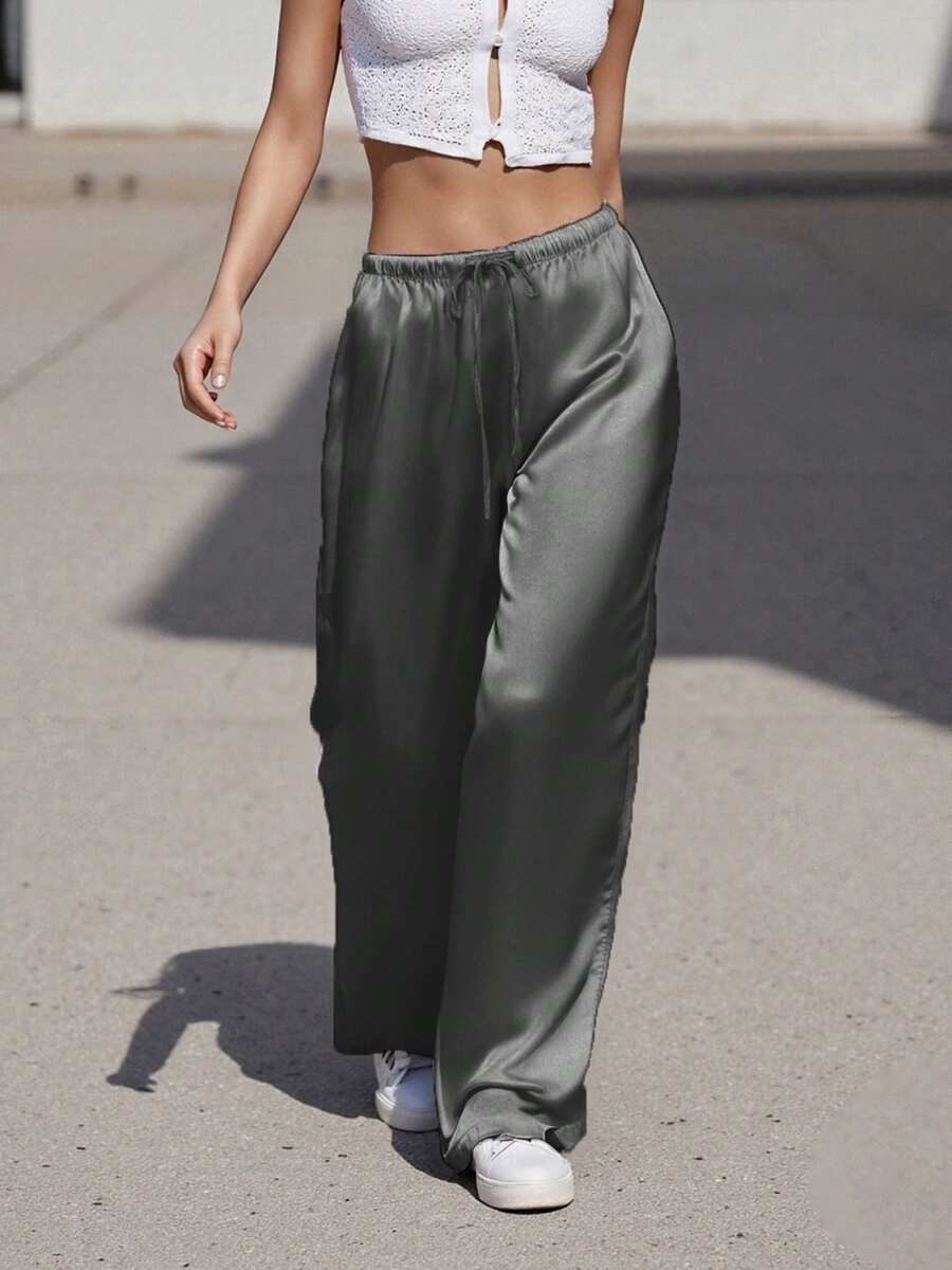 Women's Silk Wide Leg Pants Drawstring High Waist Solid Color Loose Pants Flowy Trousers - Black - View 1
