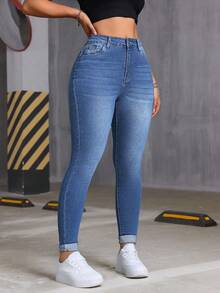 Autumn Casual Distressed Pocket Skinny Denim Jeans High Waist Roll Up Hem Skinny Jeans