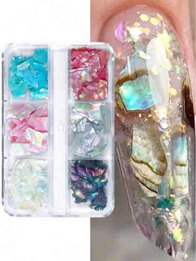 1box Mermaid Aurora Abalone Shell Flakes Nail Supplies 3D Asymmetrical Sea Shell Slices Nail Charms Holographic Shell Sequins Nail Parts
