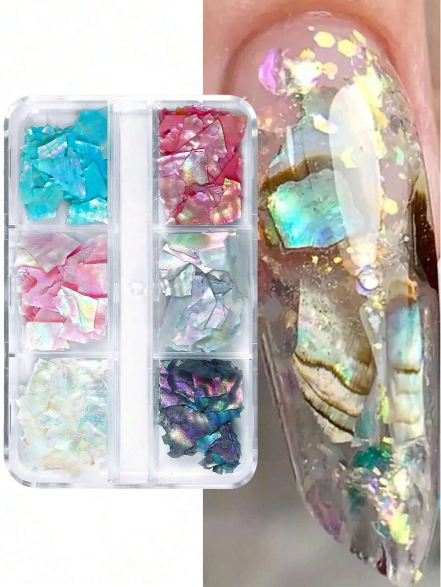 1 Hộp Vỏ sò bào ngư hình nàng tiên cá Aurora, Trang sức móng tay hình vỏ sò bất đối xứng 3D, Phụ kiện móng tay lấp lánh hình vỏ sò ba chiều.