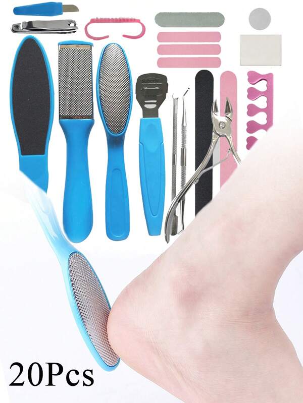 20Pcs Stainless Steel Footboard Scrubbing Tool Set - Dead Skin Removal And Foot Polishing Set - Footboard File, Foot Skin Scraper, Foot Care Tool, Dead Skin Removal And Scraping Tool, Acupressure Tool, Special Nail Knife Set For Nail Grooves, Toe Nail Clipper