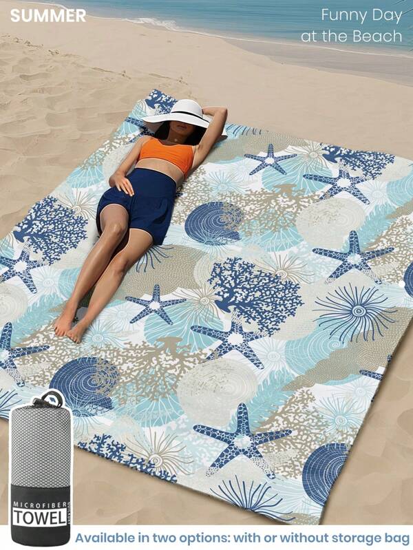 1 pieza Toalla de playa estampada, patrón de estrella de mar, toalla de baño, toalla de playa de estilo de moda, toalla de baño súper absorbente de microfibra suave y cómoda, liviana y portátil, protección contra el viento y el sol, a prueba de arena para viajes de verano, vacaciones, decoración de baño. Se recomiendan tamaños regulares y talla grande grandes (35*75cm toalla de tamaño pequeño, se recomiendan 150cm o talla grande)