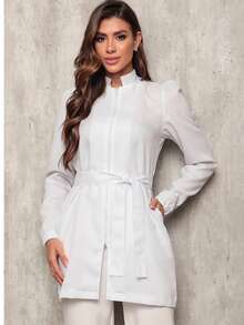 Women's White Long Sleeve Lab Coat With Priest Collar And Zipper Marcela - White - View 5