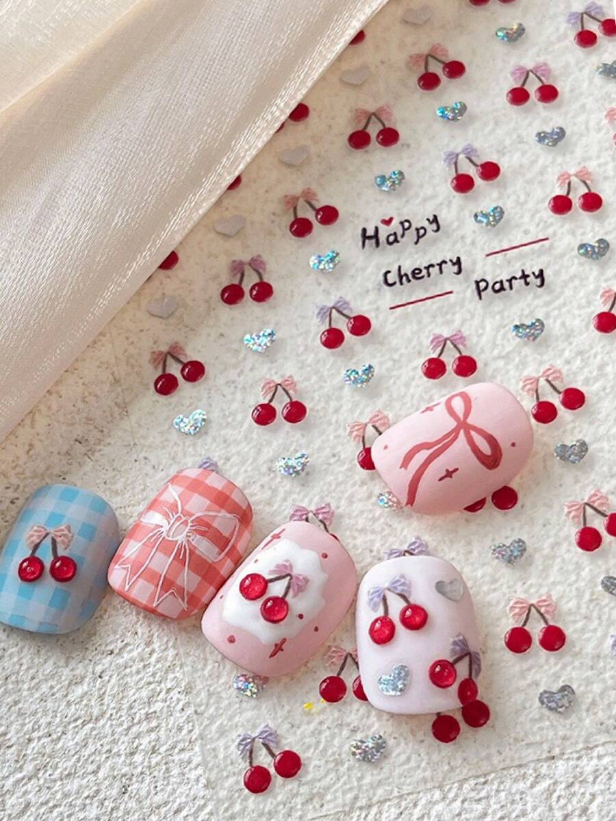 ورقة واحدة من ملصقات الأظافر المثيرة للإعجاب ذات تصميم الكرز ، لاصقة ذاتيًا ، كرز حلو ، عقدة وتصاميم منقوشة للمناسبات ، يمكن التخلص منها ، ديكور أظافر DIY للنساء والفتيات ، مناسب لأظافر الحفلات
