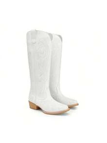 Women's Knee-High Boots, Comfortable Chunky Block Heel Pointed Toe Pull On Side Zipper Suede Slouch Riding Boots - White - View 9