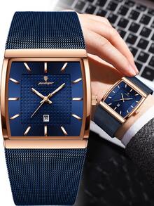 POEDAGAR 1pc Men's Casual Stainless Steel Date Display Wrist Watch, Mesh Strap, Rectangular Dial, Waterproof Luminous, Quartz Business Watch For Daily Wear, Perfect Gift - Blue - View 12