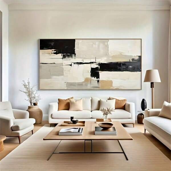 Pôster abstrato minimalista grande, decoração moderna sem moldura para sala de estar, design horizontal elegante com pinceladas ousadas, tons neutros para uma estética sofisticada para casa, arte de parede para casa, design sofisticado em tela, arte de parede em tela grande