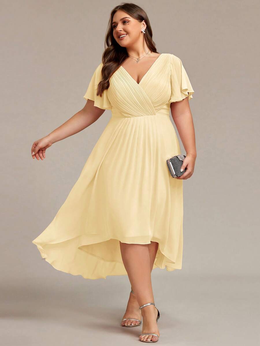 Plus Size Chiffon V-Neck Ruffle Sleeve A-Line Mid-Length Wedding Guest Dress, Yellow Bridesmaid Dress