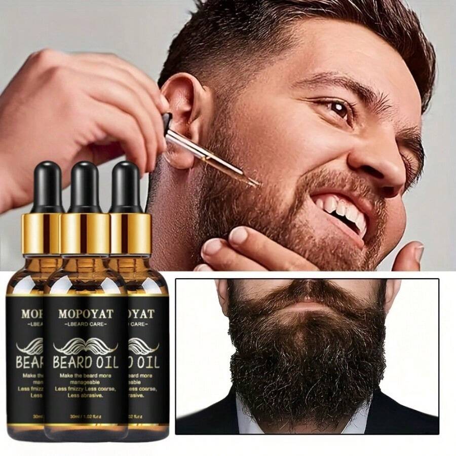 MOPOYAT 3 botellas de aceite esencial para barba * 30ML, juego de cuidado de barba para hombres - esencia de cuidado nutritiva y suavizante, crea una barba gruesa y elegante - cuidado suave, cuidado de la barba, regalo ideal para hombres, novios, maridos, papás - ¡realza el encanto de tu barba! - Negro - Ver 1