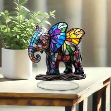 1 pieza Estatua de elefante de estilo bohemio de acrílico con alas de mariposa, placa decorativa colorida de 7" X 7" - Adecuado para el Día del Padre, graduación - Regalo elegante para la decoración del hogar y la oficina, decoración de elefante - Multicolor - Ver 3
