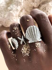 2 piezas Anillos de acero inoxidable con diseño de estrella de mar y concha para mujeres, elegante joyería estilo bohemio para viajes y playa