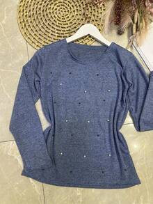 Long Sleeve Blouse In Soft Fabric With Rhinestones - Baby Blue - View 2