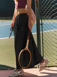 Women's Loose Wide Leg Sweatpants Drawstring Pocket Elastic Waist Kapari Micro Sheer Sexy Hiking Pants - Black - View 3