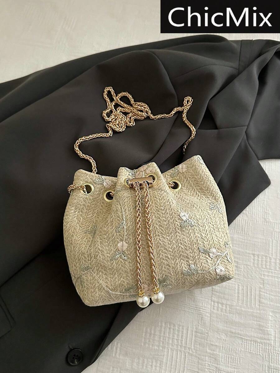 Túi đeo chéo mini thêu rơm phối màu thời trang, túi xách nữ đa năng tối giản cho kỳ nghỉ - Màu Khaki - Xem 1