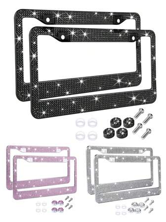 1pc/2pcs Unisex Rhinestone Car License Plate Frame, Shiny Sequin License Plate Holder, Handmade Stainless Steel License Plate Frame With Sparkling Crystal Screw Caps, Black Shiny Car License Plate Frame