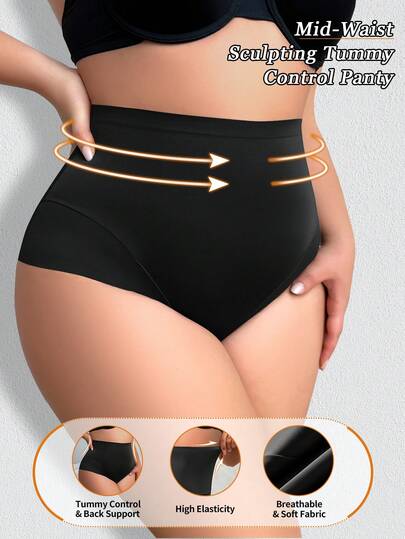 Plus Size Women High Waist Solid Color Shaping Tummy Control Panties