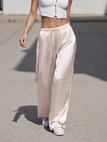 Women's Silk Wide Leg Pants Drawstring High Waist Solid Color Loose Pants Flowy Trousers - 淺灰色 - 查看 5