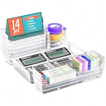 Trintion 14 Pcs Clear Drawer Organiser, Makeup Organiser Tray For Drawers, Desk Drawer Dividers, Desk Versatile, Plastic For Bathroom, Office, Cosmetic And Kitchen- Cutlery Set Divider In 3 Sizes