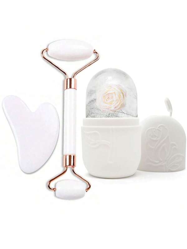 3 pièces Rouleau de glace pour le visage - Set de soins pour la peau au rouleau de glace, outil de massage facial, rouleau de glace en silicone, rouleau de glace, quartz rose avec rouleau masseur et plaque de grattage Gua, pour soulager les gonflements du visage et des yeux, raffermisseur de contours du visage et embellissement des soins de la peau, pour les yeux, le cou et le visage, moule à glaçons pour rouleau de glace - Outils de soins de la peau. Produits de massage à la glace d'été, fournitures de bureau, fournitures scolaires, articles de voyage essentiels.
