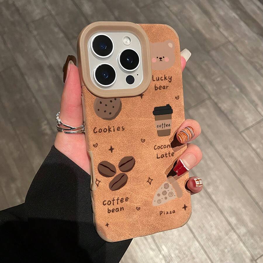 Teléfono con Orificio Grande, Diseño de Piel Sintética en Color Café Sólido con Diseño de Ositos, Compatible con los Modelos 11, 11 Pro, 12, 12 Pro, 13 Pro, 14 Pro, 14 Plus, 14 Pro, 15, 15 Plus y 15 Pro. - Caqui - Ver 1
