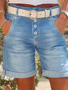 Women's Plain Rolled Cuff Elastic Fitted Front Button Denim Shorts, Summer Style - Light Wash - View 2