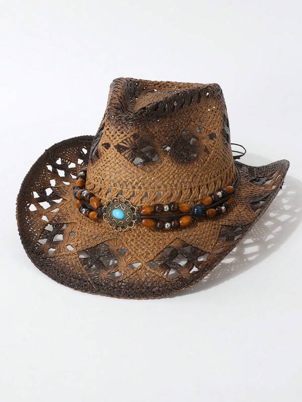 1pc Unisex Bead Decor Dyeing Wide Brim Printed Cowgirl Hat Summer Travel Shade Western Style Cowboy Hat Hollow Breathable With Beaded Trim Band Hand Woven Beach Hat Sun Hat Straw Hat